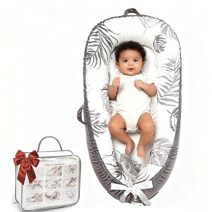 Baby Lounger-Breathable and Soft Organic 100% Cotton, Portable Infant Lounger with Removable Lounger Cover, Baby nest Lounger for Newborn - Grey Leaves