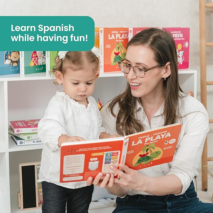 Binibi Bilingual Sound Book for Toddlers 1–3 – Visitando La Playa, Ocean Sounds in Spanish & English, Interactive Board Book. Libro en Español para Niños.