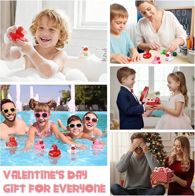 Lunmon 200 Pcs Valentine's Day Rubber Duck Heart XOXO Valentines Duck 1.4 Inch Pink Red White Float Toys for Party Favors Prizes Exchange Gifts Goodie Bag Fillers, 3 Styles