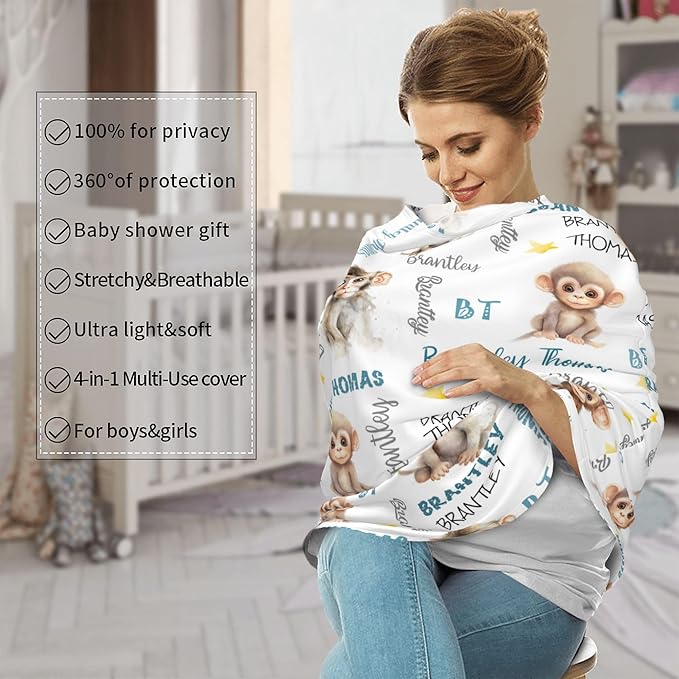 Personalized Car Seat Covers for Babies with Name – Multi-use Breastfeeding Cover Custom Monkey Carseat Canopy Cover, Infant Stroller Covers for Boys and Girls