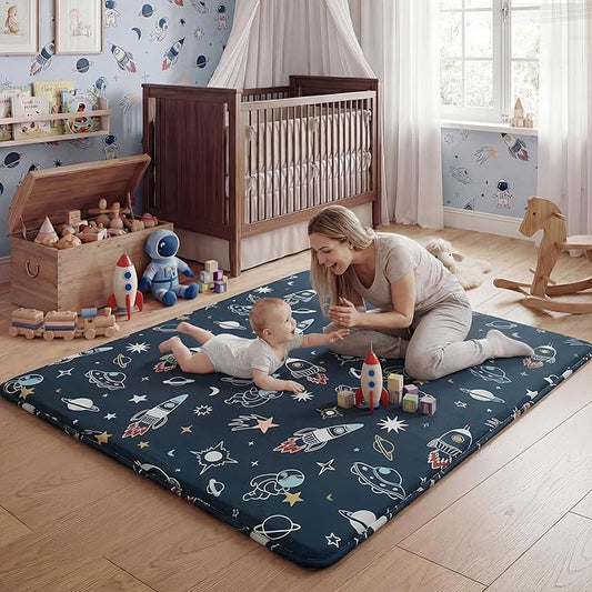 1.5" Thick Premium Baby Floor Play Mat, 71x59 Over-Sized Padded Memory Foam Mat, Tummy Time Crawling Playmat for Nursery Kids Playroom, Space Adventure