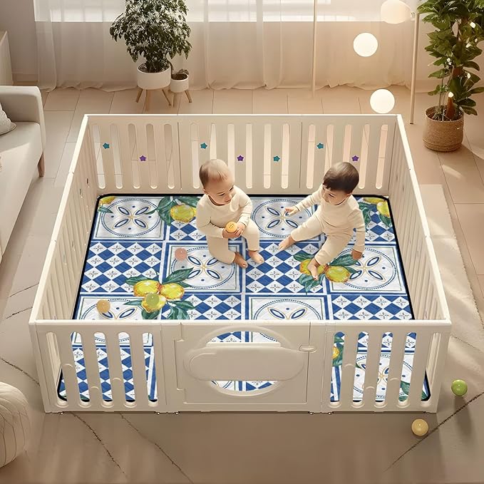 Baby Play Mat Geometric Lemons and Ceramic 50 x 50 Playpen Mat Baby Play Mats for Floor Play Gym Crawling Mat Non-Slip Cushioned Baby Playmat for Infants, Babies, Toddlers