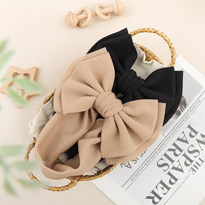 YanJie 2PCS 7'' Super Durable Soft Knot Headbands with Hair Bows Infant Toddlers Kids Hair Accessories Beige Black Headband for Newborn Baby Girls