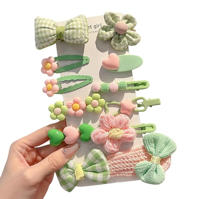 (12 Pcs) Super Cute Lovely Warm Autumn Winter Spring Theme Kid's Hairpin Flower Floral Bear Bowknot Hair Clips Hair Decoration Women Girls Salon Hairstyle Hairdressing Grip -Green