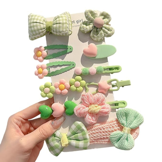 (12 Pcs) Super Cute Lovely Warm Autumn Winter Spring Theme Kid's Hairpin Flower Floral Bear Bowknot Hair Clips Hair Decoration Women Girls Salon Hairstyle Hairdressing Grip -Green