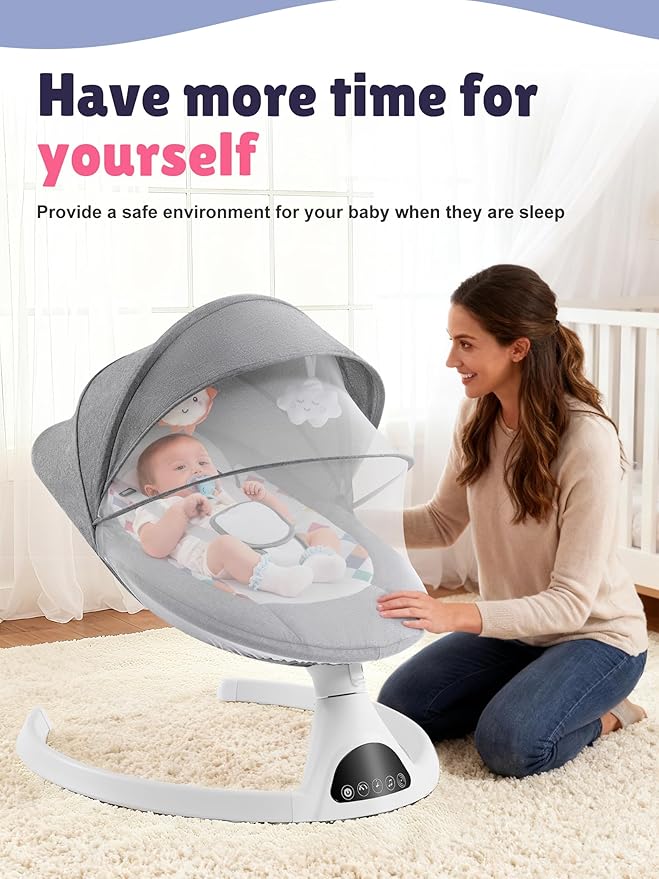 Baby Swing for Infants - Electric Portable Bluetooth Baby Rocker with 5 Speeds, 5-Point Harness, Remote Control, Timing & Music Speaker Max 20 Lbs (Gray)