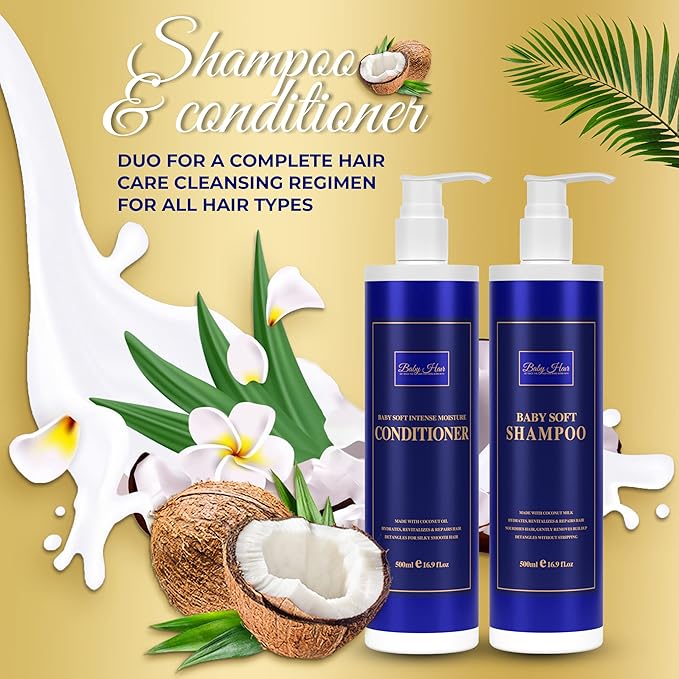 Baby Hair, Coconut Tress Intense Moisture Shampoo and Conditioner Duo - Hydrating Hair Care for All Hair Types Count Pack 33.8oz.
