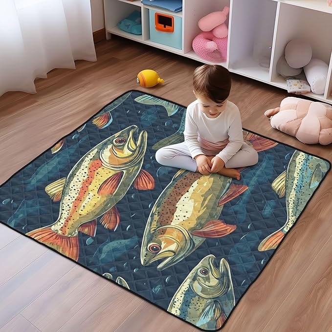 Trout Fish Watercolor Baby Playmat Washable Playroom Crawling Mat Non-Slip Play Mats for Floor 50x50 Mat