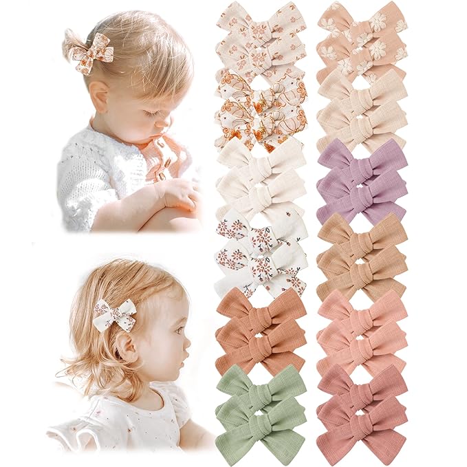 Niceye Baby Hair Clips - 24 Pcs Fully Lined Hair Bow Clips for Fine Hair Cotton Tiny Hair Barrettes for Infants, Toddlers, and Little Girls