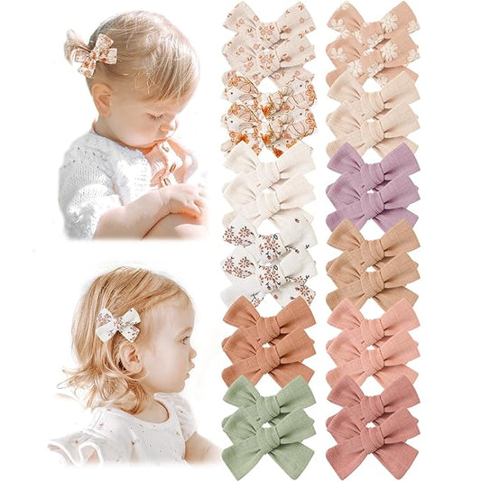 Niceye Baby Hair Clips - 24 Pcs Fully Lined Hair Bow Clips for Fine Hair Cotton Tiny Hair Barrettes for Infants, Toddlers, and Little Girls