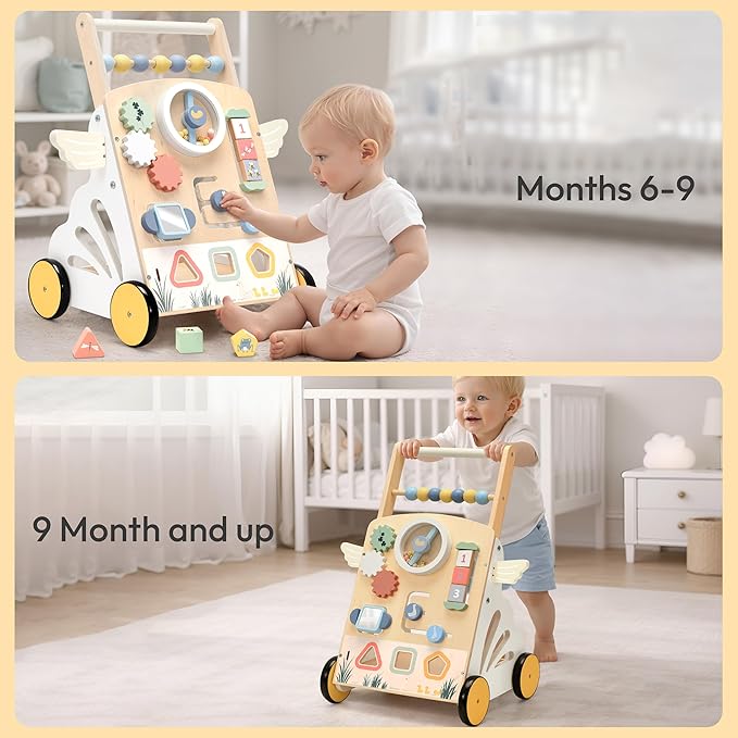 Wooden Baby Walker，Baby Push Walker, Montessori Walker for Babies 12 Months， Baby Sit-to-Stand Learning Walker Toys Gift for Boys and Girls