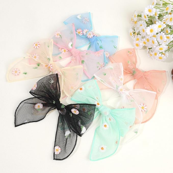 TOKUFAGU 7PCS Hair Bows for Girls, Tulle Daisy Hairs Barrettes Colorful Alligator Clips Wedding Hair Accessories for Girls Infants Toddler Teens Women Party