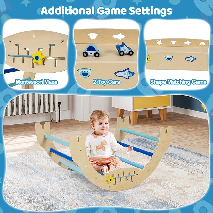 Costzon Pikler Triangle Set, 9-in-1 Foldable Baby Climbing Toys, Wood Montessori Climbing Set for Learning and Motor Skills, Indoor Playground Jungle Gym for Toddlers 3+ Climber Gifts (Blue)