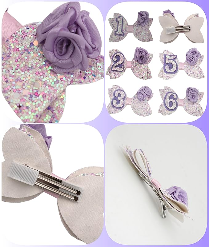 Birthday Hair Bow for Baby Girls 1 2 3 4 5 6 Years Sprinkle Decorations Party Hair Accessories for Four 4th Birthday Purple Rose