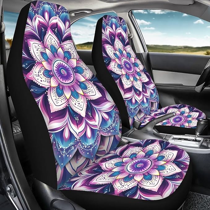 Purple Mandala Waterproof Car Seat Cover Anti-Slip Back Fabric Automobile Front Seat Covers Easy to Install All-Season Protection Universal Vehicle Accessories