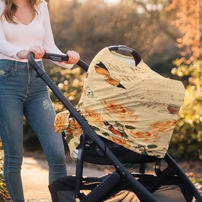 Rose Butterfly Multi-Purpose Baby Car Seat Cover Dust Cover Washable Nursing Breastfeeding Covers Soft Infant Stroller Cover Sun-Proof Breastfeeding Scarf