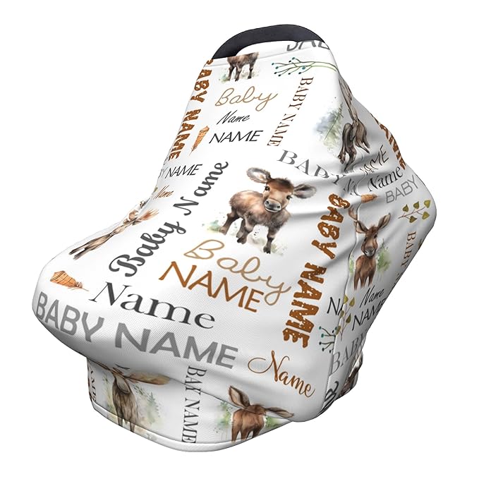 Personalized Car Seat Covers for Babies with Name – Multi-use Breastfeeding Cover Custom Moose Carseat Canopy Cover, Infant Stroller Covers for Boys and Girls