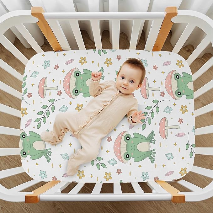 Fitted Crib Sheets Cute Frog Mushrooms Leaves Stretchy Portable Playard Sheets for Baby Toddler, Breathable Soft Mini Crib Mattress 39 x 27 in for Boys and Girls