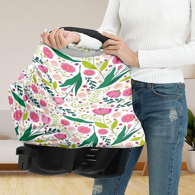 Biyejit Pink Floral Car Seat Covers for Babies, Multi-Use Cover-Silky Mom Nursing Cover Infant Breastfeeding Scarf Shopping Cart High Chair Ultra-Soft Stretchy for Boys and Girls