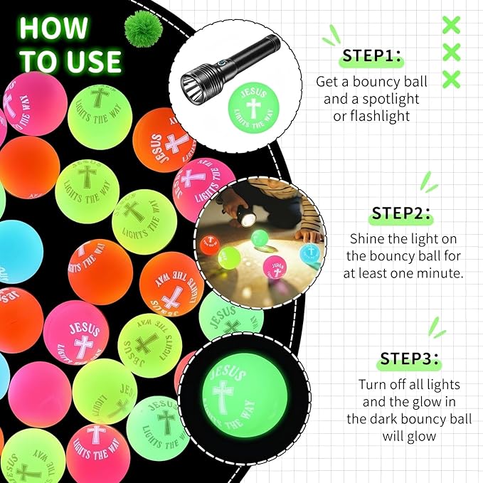 50 Pcs Christian Glow in The Dark Bouncy Balls Jesus Lights The Way Rubber Bouncing Balls for Easter Religious Basket Stuffers Party Favors