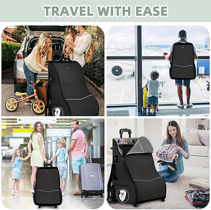 Rolling Car Seat Travel Bag with Wheels – Car Seat Backpack Transport Case for Airplane Travel, Fits Convertible & Booster Seats, Protective Storage Cover, Black