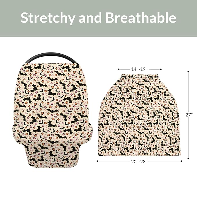 Halloween Bats Leopard Baby Car Seat Covers Pink Orange Spooky Bats Moon Stars Stretchy 5-in-1 Cover Adjustable Infant Carseat Canopy Cover Halloween Night Breathable Nursing Cover-Up