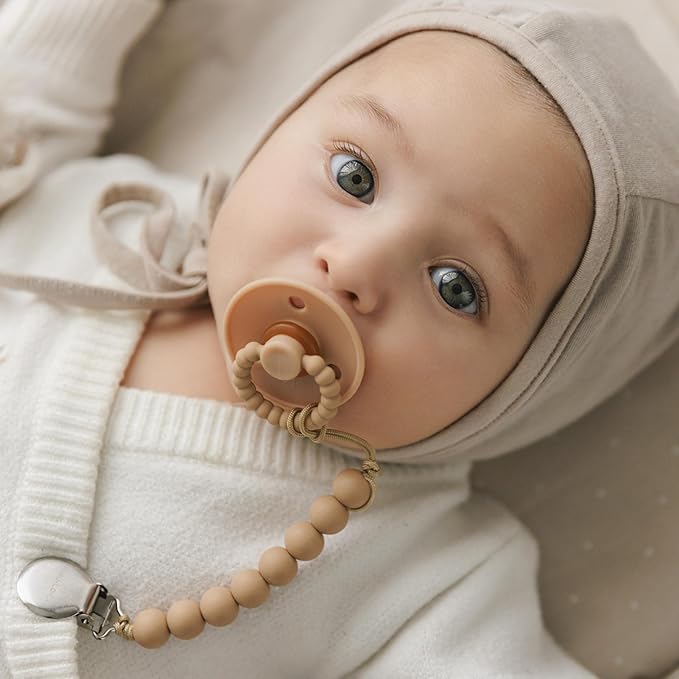 Luladream Pacifier and Clip Set - Natural Rubber Nipple - Soft Teething Handle - for Infants Baby's and Toddlers, 0-18 Months (Camel + Cream + Clips)
