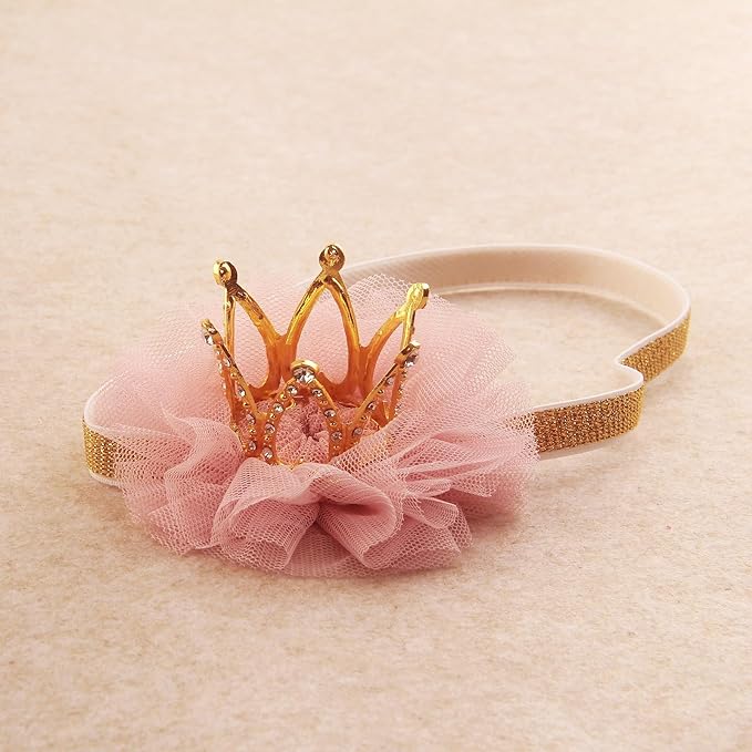 Nishine 1.3"x1.3" Mini Baby Girl Tulle Crown Headband Toddler Princess Crown Tiaras Birthday Photography (Gold, Elastic)