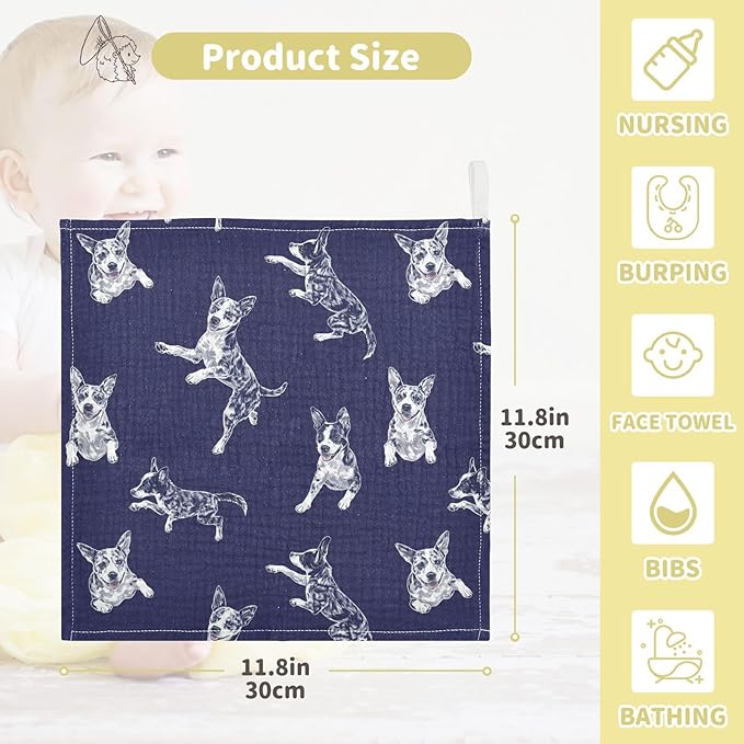 vvfelixl Baby Muslin Washcloths Blue Heeler Dog Baby Burp Cloths Cotton Babys Face Towel for Infants Soft 11.8 X 11.8 in, 3 Pack