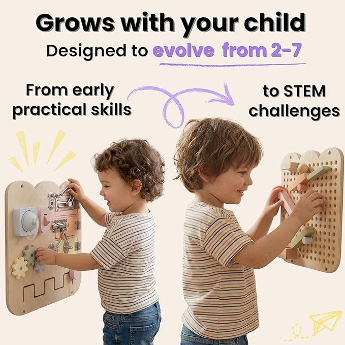 5 Panels, Wall Busy Board for Toddlers 2–7, 25-in-1 Montessori Wall Activity Board, Wooden Busy Board Wall Mounted, Sensory Wall Panel for Kids, Toddler wall Activity, Large Modular System