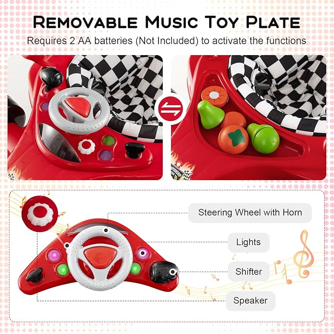 HONEY JOY Baby Walker, 4-in-1 Foldable Infant Activity Push Walker, Toddler Car Walker w/Adjustable Heights, Music, Lights, Removable Tray, Baby Walker with Wheels for Boys Girls 7-14 Months (Red)