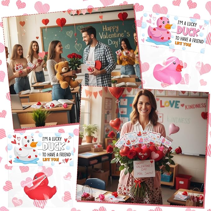 24 Pcs Valentine's Day Rubber Ducks 1.96 Inch Rubber Ducks with Valentine's Day Cards Pink Red Bath Duck Toys for Valentines Gifts Classroom Exchanges Prize Pool Bathtub Party Favors