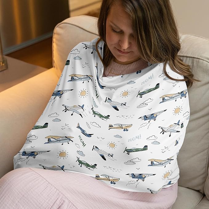 Sweet Jojo Designs Green Vintage Airplane Boy Infant Baby Car Seat Cover for Nursing, Breastfeeding, High Chair, Shopping Cart, Stroller, Carseat Canopy Carrier Multipurpose Use-Transportation, Clouds