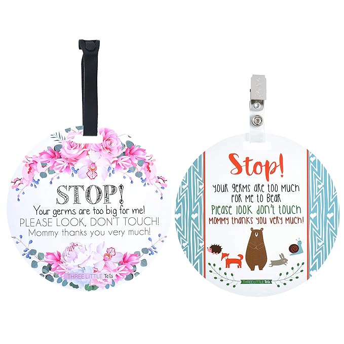 (Three Little Tots) No Touching baby Car Seat and Stroller TWO PACK- Baby Safety No Touching Car Seat Sign, Stroller Sign, Newborn Car Seat Tag- CPSIA Safety Tested (Flower/Woodlands)