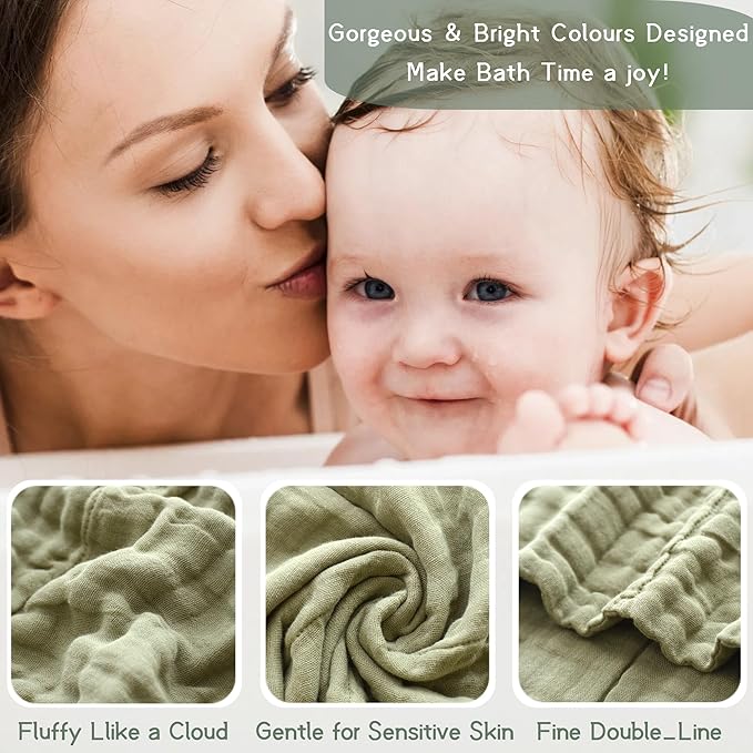 MUKIN Baby Washcloths, Muslin Cotton Face Cloths, Newborn Soft Absorbent Bath Wipes, Burp Cloths or Towels, Pack of 6, 12x12 inches (White,Dark Gray,Tea Green)