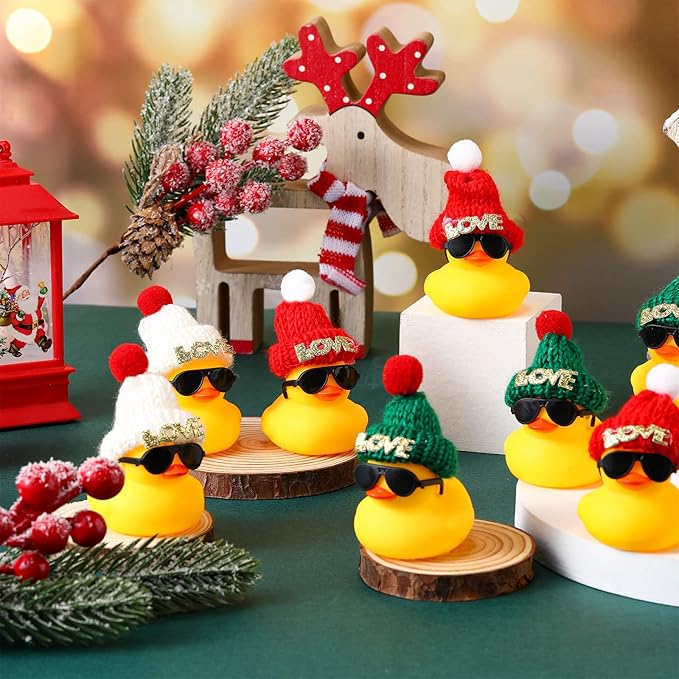Chivao 12 Pcs Mini Rubber Ducks with Sunglasses/ Glasses and Hats/ Necklace, Cruise Rubber Ducks in Bulk Valentine Gift Small Bathtub Toy for Hiding Party Favor(Love Style,Yellow)