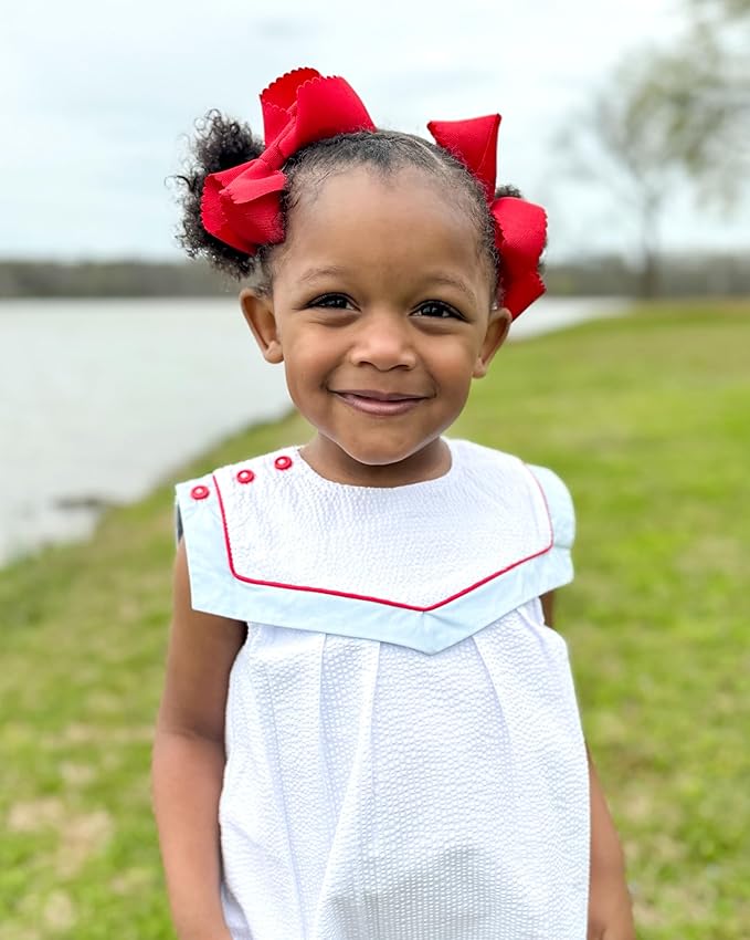 Wee Ones Girls' Classic Grosgrain Hair Bow with Scalloped Edges, No-Slip Hair Clip, Handmade, Red, Medium