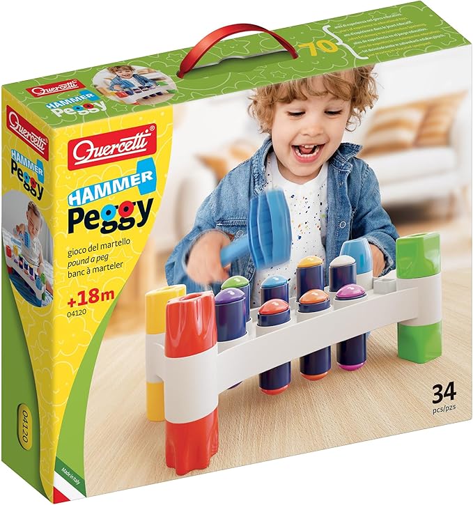 Quercetti: Hammer Peggy - Classic Peg Pounding Bench Toy, Interactive & Colorful, Raise & Lower The Sturdy Board, Cause-Effect Play, Toddler-Kid 18mo+