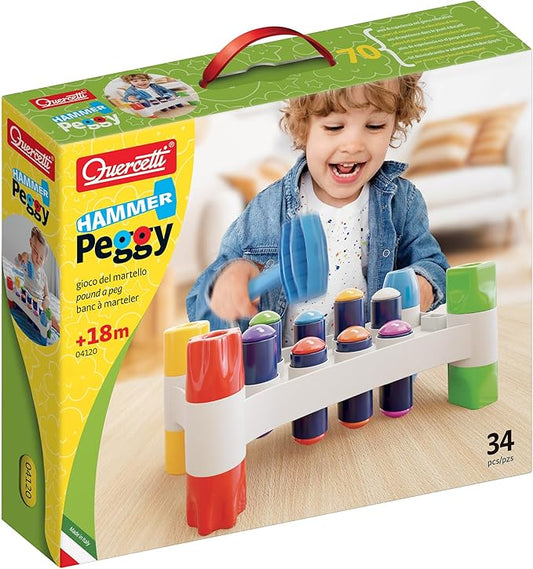 Quercetti: Hammer Peggy - Classic Peg Pounding Bench Toy, Interactive & Colorful, Raise & Lower The Sturdy Board, Cause-Effect Play, Toddler-Kid 18mo+