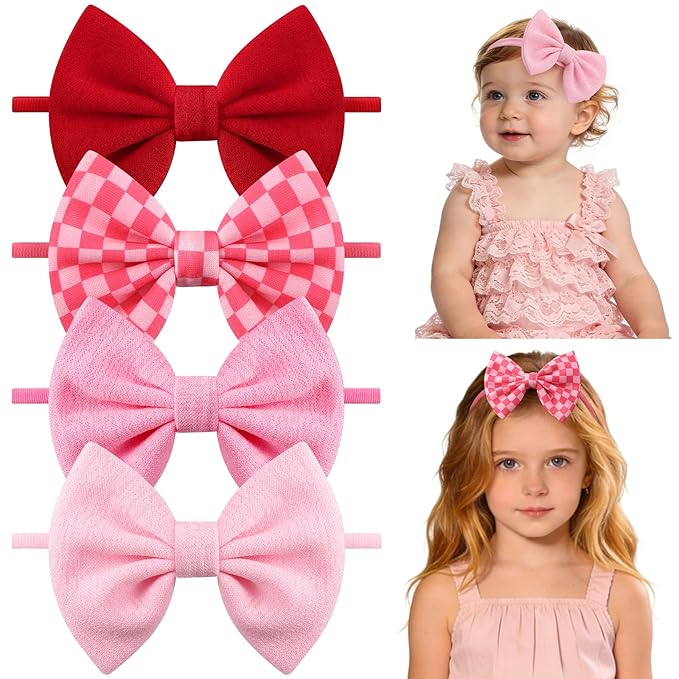 4 Pcs Valentines Baby Bow Headbands, Red Pink Bow Headband Soft Nylon Handmade Hair Accessories for Baby Infants Toddlers Child