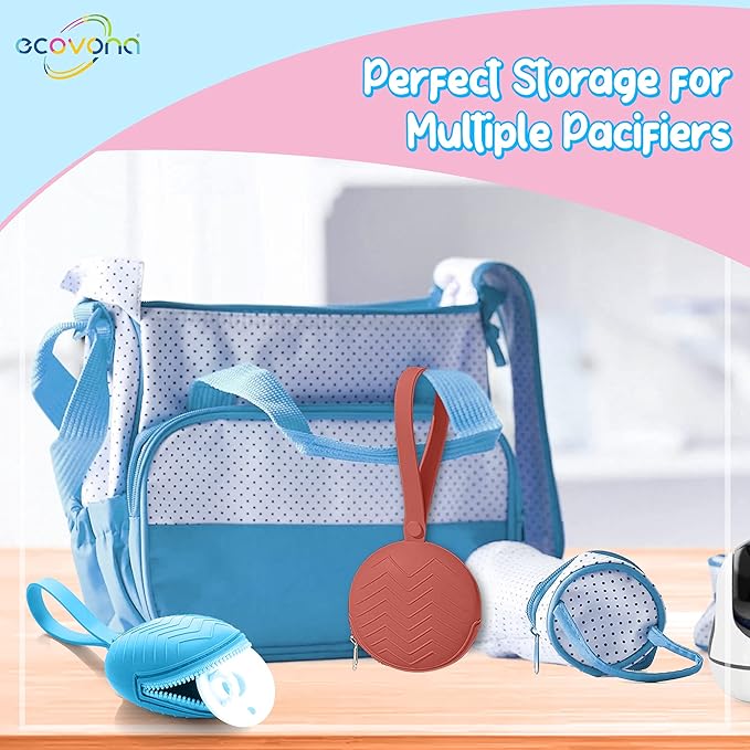 Ecovana - Silicone Baby Pacifier Holder Case | Dishwasher Safe with Durable Button Closure Diaper Bag Strap | Soft Pocket Cover for Pacifiers & Binky | Keep Pacifiers Clean and Always in Reach
