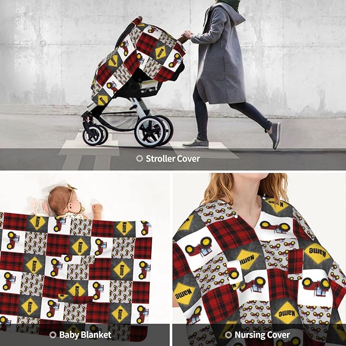 Personalized Red Tractor Baby Car Seat Canopy for Babies with Name, Custom Car Seat Covers for Baby Boys Girls, Peekaboo Opening Minky Nursing Cover Infant Car Seat Canopies for Newborn