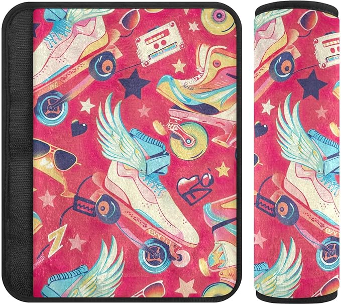 CHIFIGNO 2Pcs Playful Cartoon Roller Skates Red Seat Belt Cover Pad Universal Seatbelt Pad Shoulder Pad Auto Interior Accessories for Car Bag