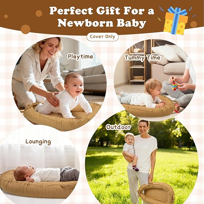 Baby Lounger Cover for Boys and Girls, Khaki 100% Cotton Baby Nest Cover, Breathable Replacement Cover for Infant and Newborn Snuggle Me Lounger, Cover Only