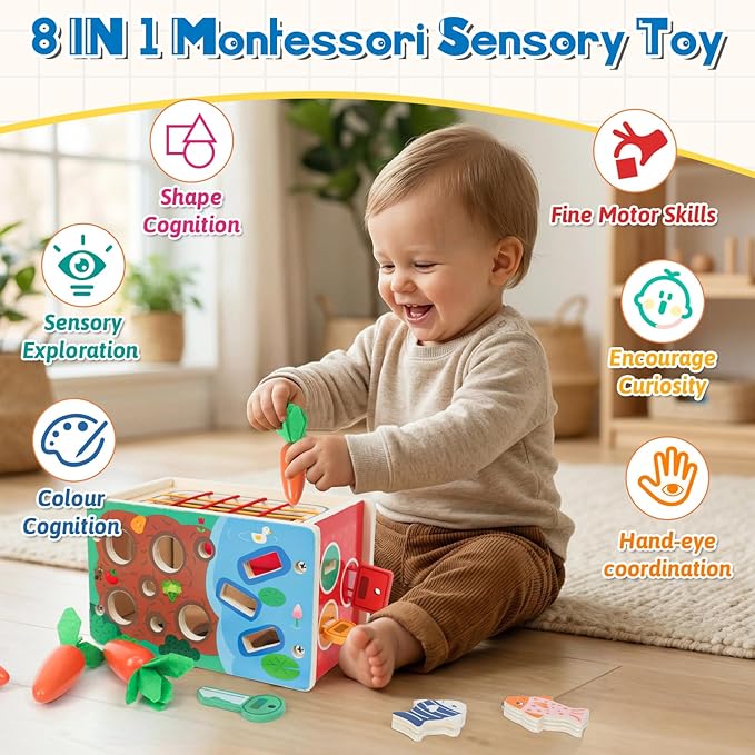 Ancaixin 8-in-1 Montessori Baby Tissue Box Toy for 12+ Months, Wooden Activity Cube, Puzzles 12-18 Months, Sensory Toys for Toddlers 1-3 Preschool Learning, 1 Year Old Boys Girls Baby Birthday Gift