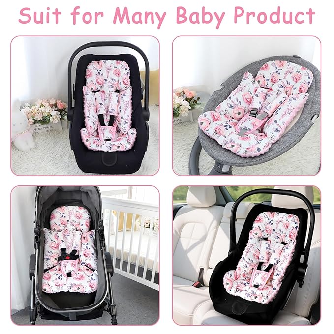 SWESEN Infant Car Seat Insert with 3 Strap Covers Set, Car Seat Head Support Baby for Girls, Soft 3 in 1 Baby Car Seat Cushion for Strollers, Bouncers, Swing, Floral