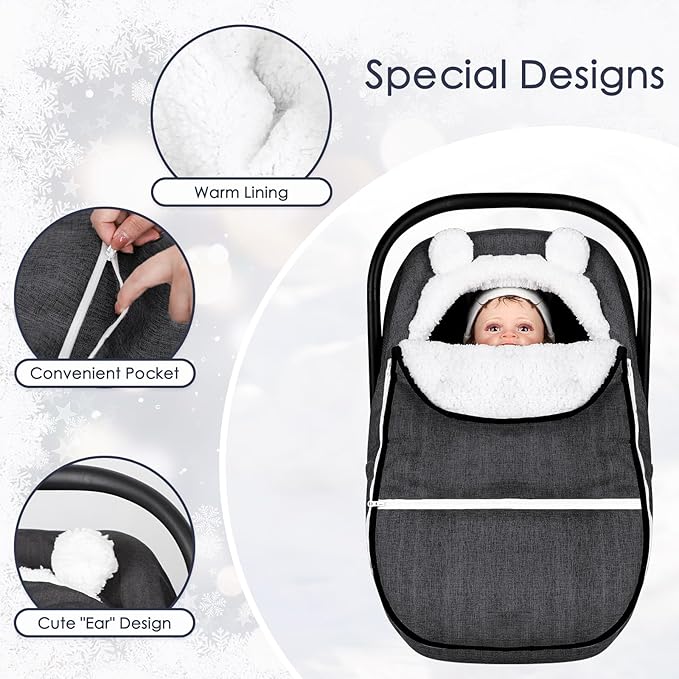 Winter Carseat Cover for Baby Girl Boy, Super Warm & Windproof Protect Baby from Cold Weather, Plush Fleece Infant Car Seat Canopy, Black