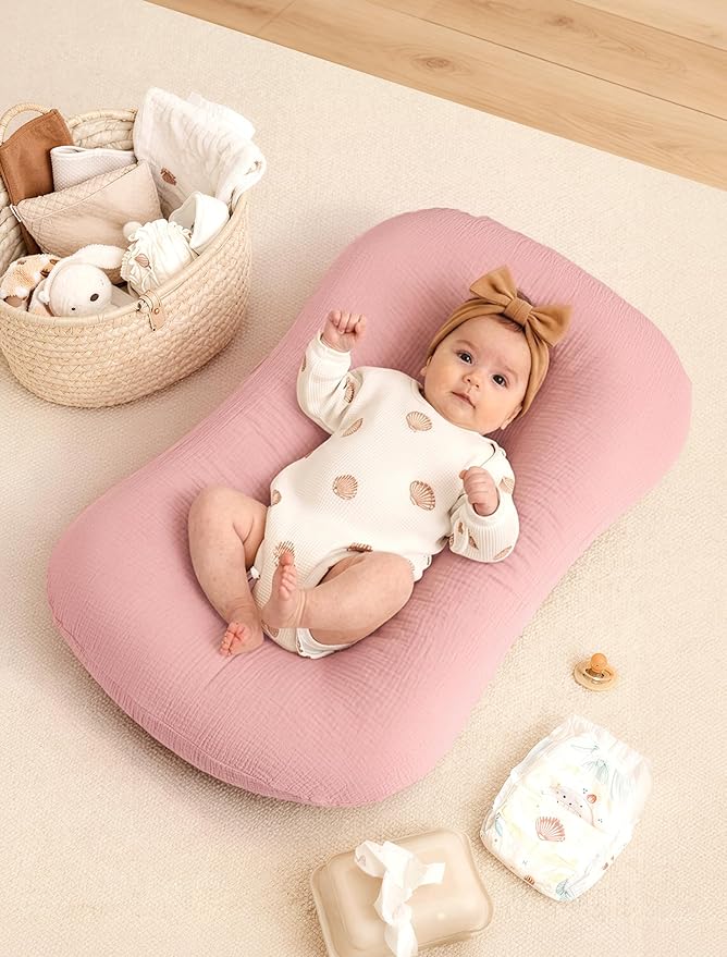 Termichy Baby Lounger Covers Muslin: Soft and Breathable Slipcover for Snuggle Me Lounger - Machine Washable & Zipper-Free for Safe Daily Use - Pink & Blush for Girls