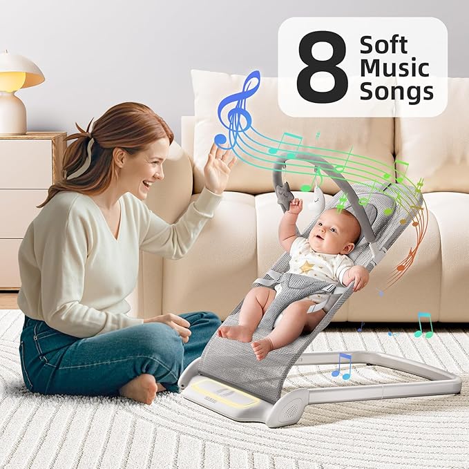 Derson Baby Bouncer, Portable Baby Bouncer Seat for Babies 0-6 Months, Infant Bouncer Chair Newborn with 8 Soothing Music, Foldable, Natural Vibrations (Gray)