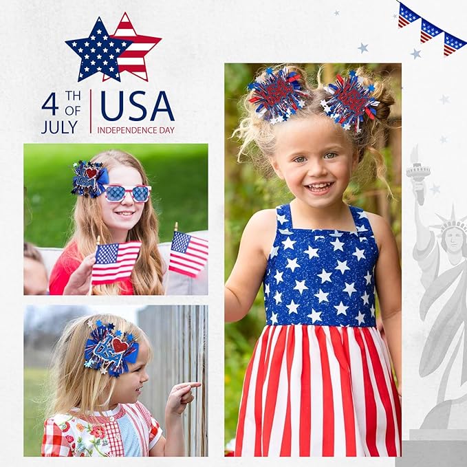 CN 4PCS 4th of July Hair Bows for Girls, Red White Blue USA Patriotic Hair Accessories, Amercian Flag Star Bows Clips for Girls Toddlers Teens for Independence Memorial Day Party Dress(Type A)